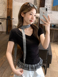 Lattice Wood Ear Splicing Hem Short-Sleeved T-Shirts For Summer Women's New Collar Folds And Thin Belt Neck Small Tops
