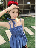 Sweet Babes Hanging Neck Blue Sling Sling Vest Women Summer 2026 New Korean Collar Folds Waist Top