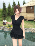 Pure-Want Hottie Fake Two Lace Embroidery V-Neck Dress Women's New Summer Waist Thin Ass Short Skirt