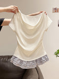 Lattice Wood Ear Splicing Hem Short-Sleeved T-Shirts For Summer Women's New Collar Folds And Thin Belt Neck Small Tops