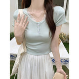 Korean Version Of The Solid Half-Open Lace Splicing Shoulder Short-Sleeved T-Shirt Women Pure Desire High Waist Thin Hottie Summer Top