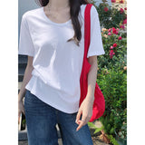 Pink U-Neck Shoulder Short-Sleeved Women's T-Shirt Summer New Large-Size Fat Mm Shaved Stomach Big Thin Loose Tops Hidden Meat
