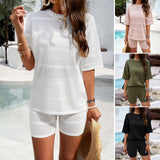 Dili Women's Clothing 2025 Spring And Summer Casual Solid Color Short-Sleeved Sweater Set
