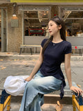 Milk Yellow Round Collar Front Shoulder Short-Sleeved T-Shirt 2026 Summer New Irregular Hem Lotus Leaf Edge Repair Coat