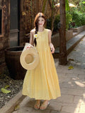 Gentle Style Yellow Lattice Vest Dress Women Summer Sweet Temperament Super Fairy Round Neckless Vacation Dress