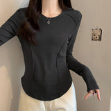 White Long-Sleeved Bottom Shirt Women In Autumn And Winter With A Short Fish Bone Top Design Embroidered Plus Velvet Hair T-Shirt