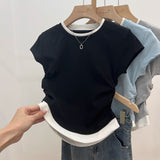 Right Shoulder Thin Fake Two Bumpy Round Neck Straight T-Shirt Girls Summer Irregular Folds To Sweet Spicy Small Blouse