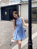 French Blue Sleeveless Hanging Neck Lattice Dress Women's Summer 2026 New Small Man Holiday Short Skirt