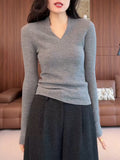 High-Level Sense V Collar Knitted Shirt Women's Bottom Shirt Autumn And Winter New Large-Size Fat Mm Slim Slim Thin Belly Top