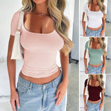 Dili 2025 Spring/Summer Y2K Solid Color U-Neck Sexy Body-Cuffed Short-Sleeved Women's T-Shirt