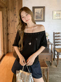 Korean Babes Embroidered Willow Collar Short-Sleeved T-Shirt Girl 2026 Summer Loose One-Word Shoulder Blouse