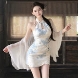 New Chinese-Style Cool Print Sleeveless Improved Cheongsam Dress Femininity Femininity Vintage Super Fairy Bag Hip Skirt