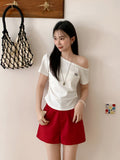 Irregular Collared Shoulder Thin Short-Sleeved T-Shirt For Girls Summer New Folded Sweet Babes Embroidered Short Top
