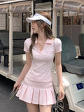 Pink Shoulder Short Sleeve Polo Shirt T-Shirt Girl Summer V Collar Top 100-Fold A-Word Half-Dress Skirt Suit