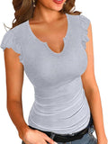 2025 Summer New Solid Color V-Necked Leaf Sleeve Short-Sleeved Lady Top