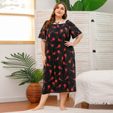 Spring And Summer Plus Code Lady Home Dress Skirt Short-Sleeved Lace Splicing Four-Sided Bullet Print Home Pajamas Woman