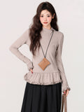 Autumn And Winter New Wooden Ear Lace Half-High Collar Long-Sleeved T-Shirt With Dehing Thicken Repair Body Dress Woman
