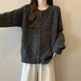 Red Love Buckle Gray Knitted Cardigan Sweater Coat Women Autumn New Large-Size Fat Mm Korean Chic Top