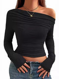 New Sexy Folded Shoulder Jacket Long Sleeves Out Asymmetrical Umbilical Folding T-Shirt Style Short