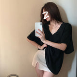 Large-Size Fat MM Korean Version Of Leisure Lazy Wind V-Neck Short-Sleeved T-Shirt Women's Summer New Loose Thin Meat Clothes