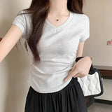 Shallow Powder Small Flying Sleeve Big V Neck Collar Collar Collar Folded Folded Waist Thin Design Short Sleeves On The Shoulder T-Shirt Girl Summer