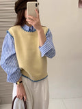 Round Collar Short Korean Gentle Knitted Vest Women 2025 Autumn Design Bump Color Stacked Inside Sweater Vest