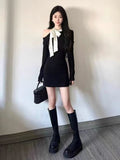 Hepburn Small Fragrant Wind Shoulder Bow Knitted Small Black Dress Woman Autumn Luxury High-End Evening Dress Dress