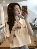 Polo Collar T-Shirt For Women 2025 Summer Short Loose Top Design Small Half Zipper Front Shoulder Short Sleeve Pure Cotton