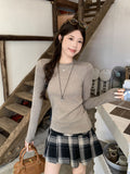 Blue Round Collar Shoulder Foundation Long-Sleeved Bottom Shirt Women 2026 Autumn Simple Set Slim Top