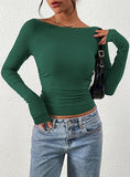 Women's Long Sleeve 2025 Autumn Word Collar Basic T-Shirt Casual Rib Knitted Corrugated Tribs