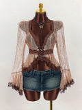 New Lace Splicing Pure Desire To See Hollow Waist Repair Sexy V Horn Sleeve Top Woman