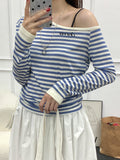 Korean Bumpy Stripes Irregular Lashed Shoulder Long-Sleeved T-Shirt Girl Spring New Waist Thin Temperament Blouse