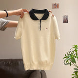 Super Nice Cute Embroidery POLO Collar Knitted Shirt Summer New Button Hood Repair On The Shoulder Short Sleeve Top