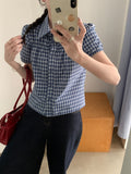 Fashion Retro Blue Plaid Short Sleeve Loose Shirt For Women's Summer New Bubble Sleeves Collar Sweet Top