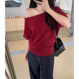 White Oblique Shoulder Short Sleeves Shoulder Collared Sexy T-Shirt Girl Summer Sweet Hot Girl Loose Meat Mask Top