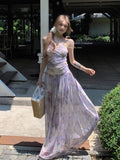 Broken Flower Hanging Neck Dress Women Summer Sexy Bare Back Folds To The Waist Thin Net Yarn Long Skirt Long Model
