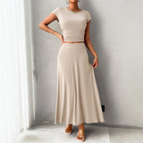 Dili 2025 Spring And Summer Short-Sleeved Women's Temperament Solid Color Short-Sleeved Skirt Set
