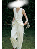 Beauty Wrinkled Vest Backs Thin Three-Dimensional Kinesi V Collar Sleeveless Coat Broad Leg Pants Women Summer Suit