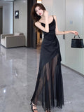 Black Sling Dress Dress High Sexy Famous Temperament Thin Mesh Splicing Irregular Long Dress Summer