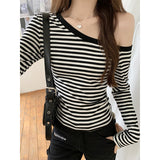 Pure Slanted Shoulder Sexy Stripe Shoulder Long-Sleeved T-Shirt Girl Early Autumn New Design Sense Of Small Body Bottom Top