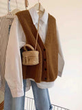 Grey V-Neck Knitted Vest Women's Spring And Autumn 2025 New Autumn And Winter Outside Wearing A Shoulder Sweater Open Shirt