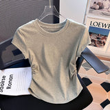 Pure Cotton Shoulder Round Collar Short-Sleeved T-Shirt Women's Summer Design Sense Of Niche Folding Waist Irregular Blouse Tide
