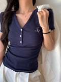 Blue Shoulder V-Neck Chic Embroidered Short-Sleeved T-Shirt For Women's Summer New Design-Scuffed Shoal Blouse