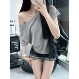 Pure Cotton Oblique Shoulder Design Small Babes Short-Sleeved T-Shirt Girls Summer Loose Lazy Wind Casual Shoulder Coat