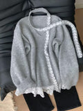 French Purple Lace Ribbon V-Neck Sweater Female Spring And Autumn Atmosphere Knitted Shirt Unique Super Good-Looking Top Tide