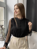 New Elegant Solid-Colored Yarn Long-Sleeved Bubble Sleeve Collar Collar Collar Women's Lace Shirt