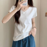 White V-Neck Cotton T-Shirt Women's Half-Sleeved 2026 New Summer Basic Shoulder Small Short-Sleeved Top
