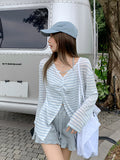Unique Blue And White Stripes Bump Round Neck Long Sleeve Sunscreen Shirt Women Summer Open Fork Bare Back Pure T-Shirt Small Top