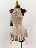 New Fashion Pure Desire Hanging Neck Print Design Holiday Repair Sexy Multi-Layer Skirt Dress Dress Woman