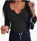 Spring And Winter Pure Color Pit Deep U Collar Long-Sleeved Casual Fashion Women's T-Shirt Spicy